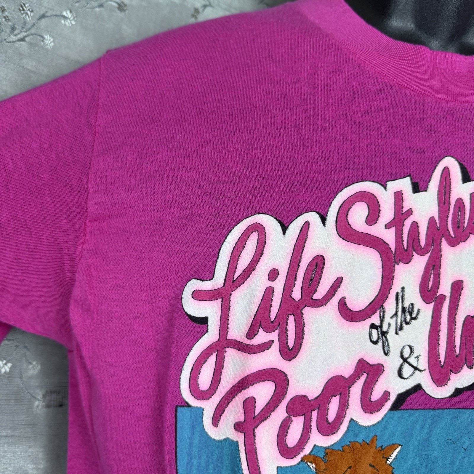 Vtg 80s Lifestyles of Poor & Unknown Top Half Tropix Pink Single Stitch Tee Sz L gallery