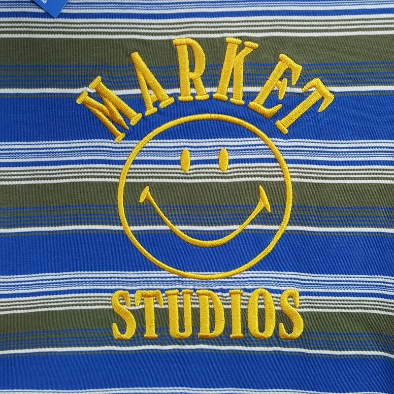 MARKET STUDIO Shirt Mens Small Blue Stripe Pullover Crew Smiley T-Shirt Tee gallery
