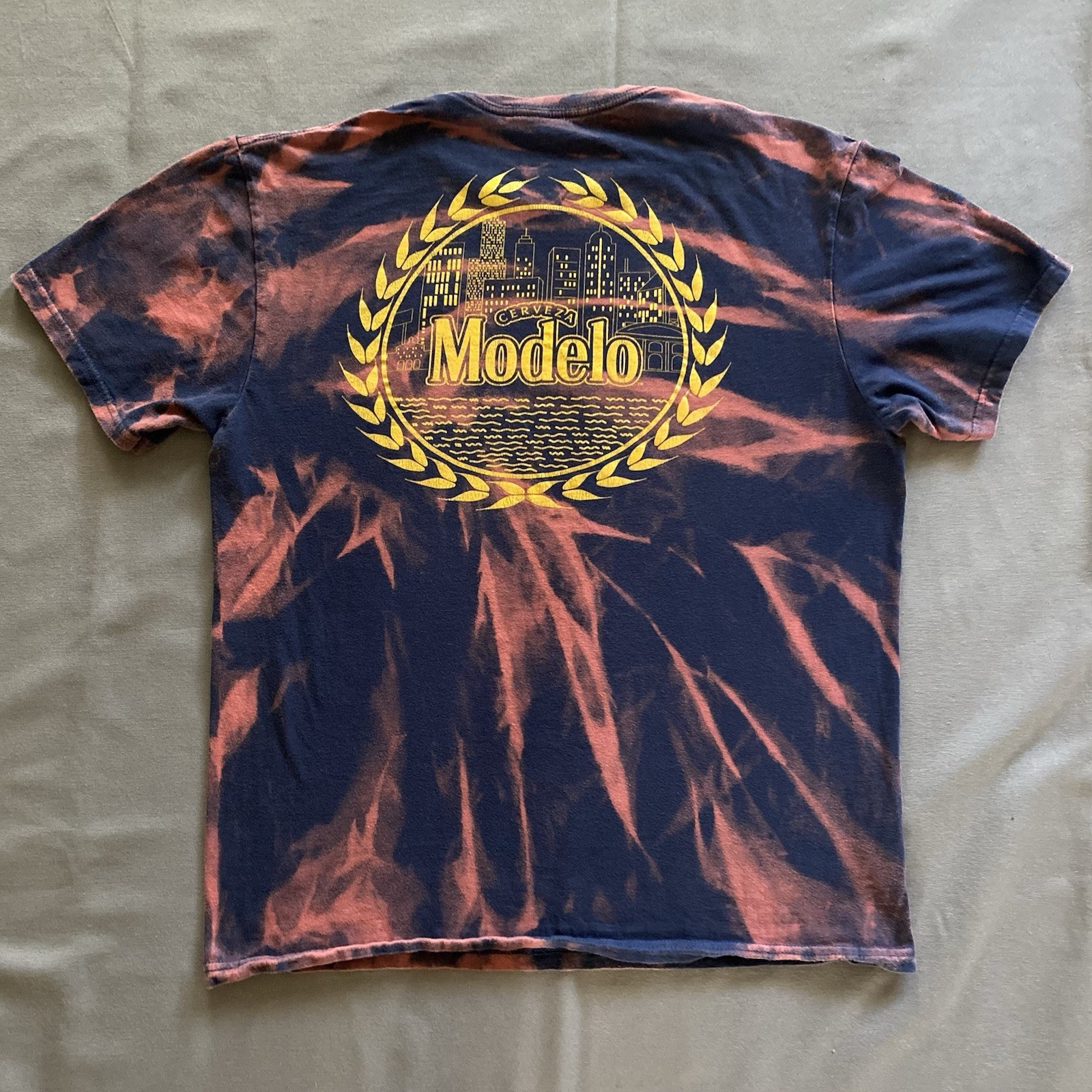 Modelo Cerveza T Shirt Mens Large Navy Blue Bleach Dye Beer Alcohol Drinking