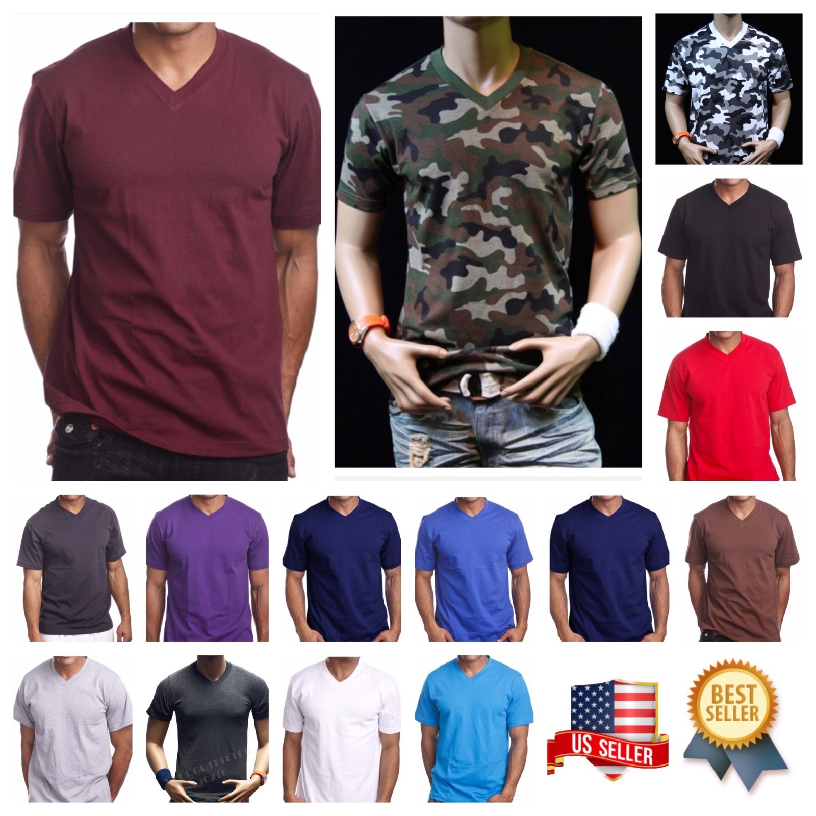 Mens T-Shirt HEAVY WEIGHT Plain V-Neck BIG AND TALL Camo Hunt GYM Active Tee gallery