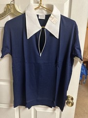 Vnt 60s 70s Matisse Nylon Dagger Collar Shirt Sz 42 Med Blue Zip Short Sleeve