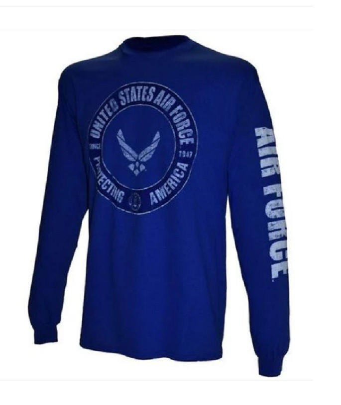 US Air Force Long Sleeve Blue T-Shirt Protecting America USAF Vet Sleeve Print gallery