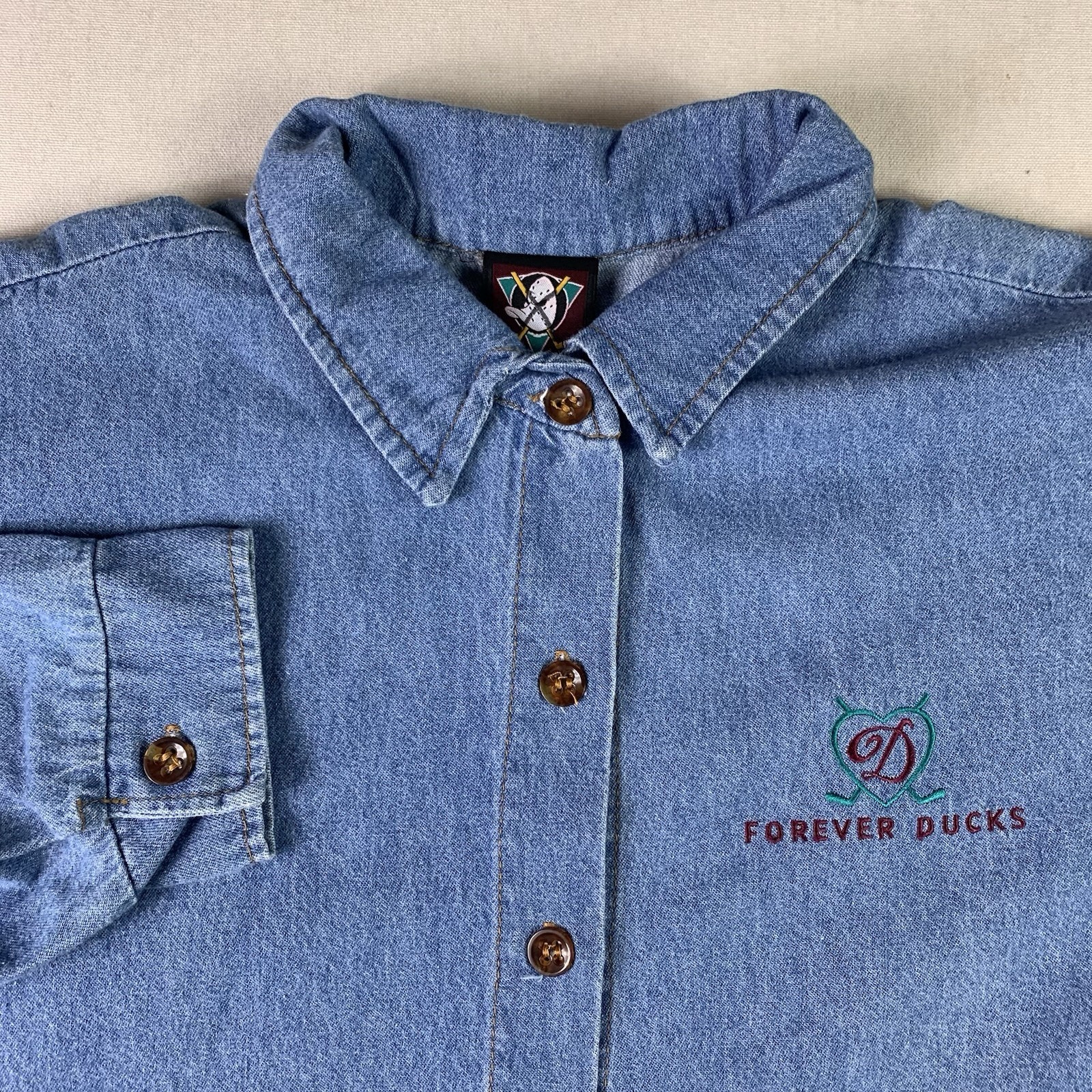 vtg 90s Mighty Ducks Original Produck Shirt Chambray Mens Large Blue Made in USA gallery