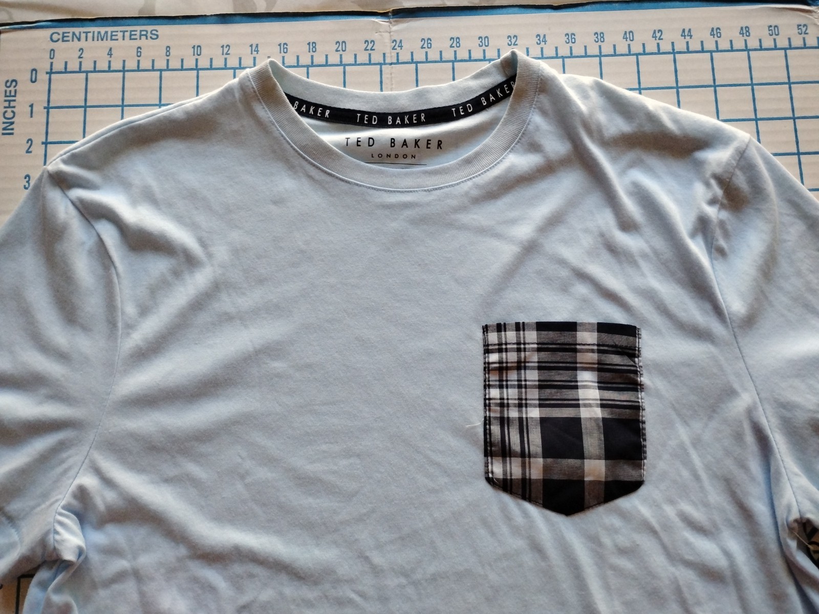 MENS MEDIUM TED BAKER LIGHT BLUE CHECKERED POCKET SOFT T-SHIRT - NWT gallery