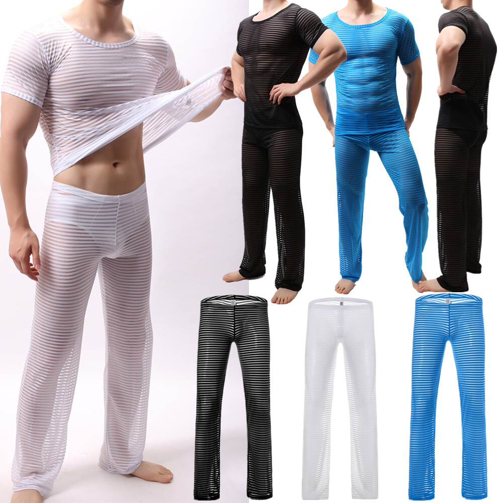 Mens Undershirt Mesh Men See Through Sheer Short Sleeve Sexy T-shirt Long Pants gallery