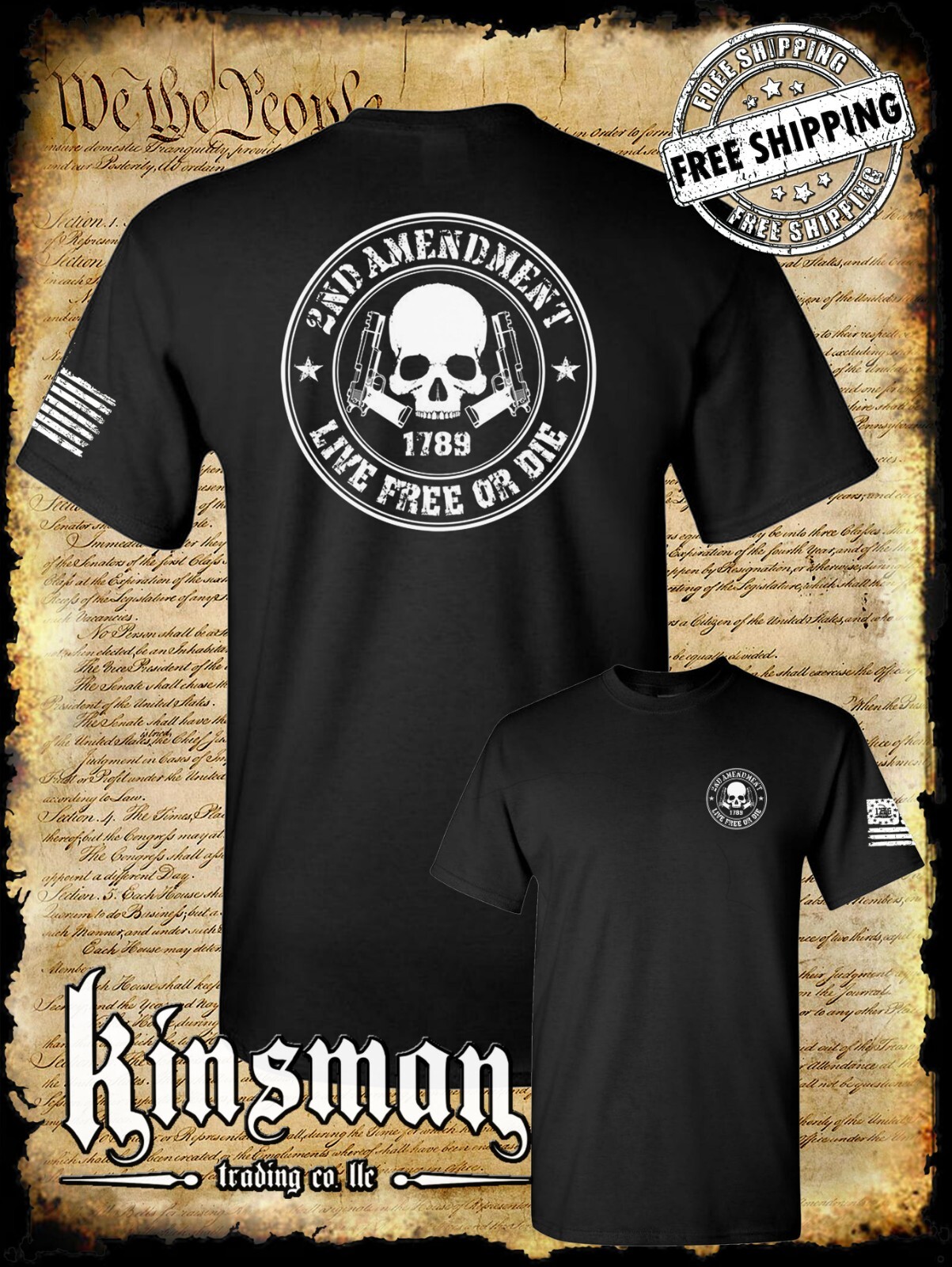 2nd Amendment Live Free or Die Skull & Pistols 2-Sided T-Shirt USA gallery