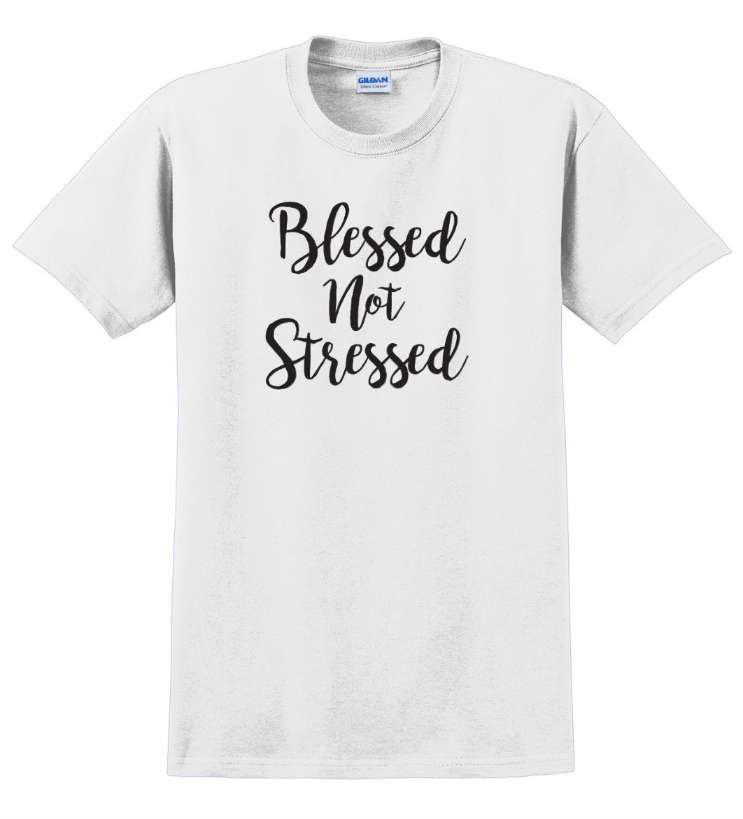 Blessed Not Stressed T-Shirt Short Sleeve Graphic Glitter Tee Unisex Apparel gallery