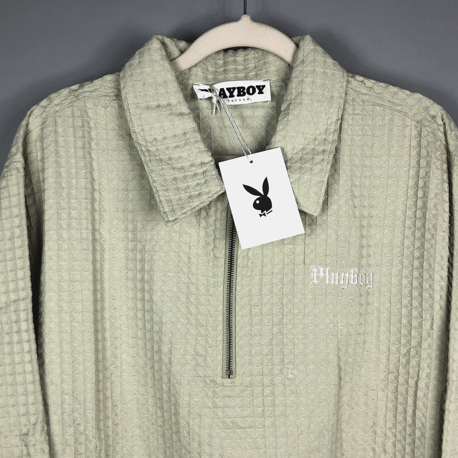 Pacsun Playboy Waffle Knit Relaxed Shirt Jacket L Beige Pockets 1/4 Zip NWT gallery