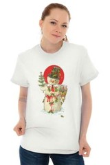 Snowman Merry Christmas Tree Winter Scene Womens Short Sleeve Crewneck Tee