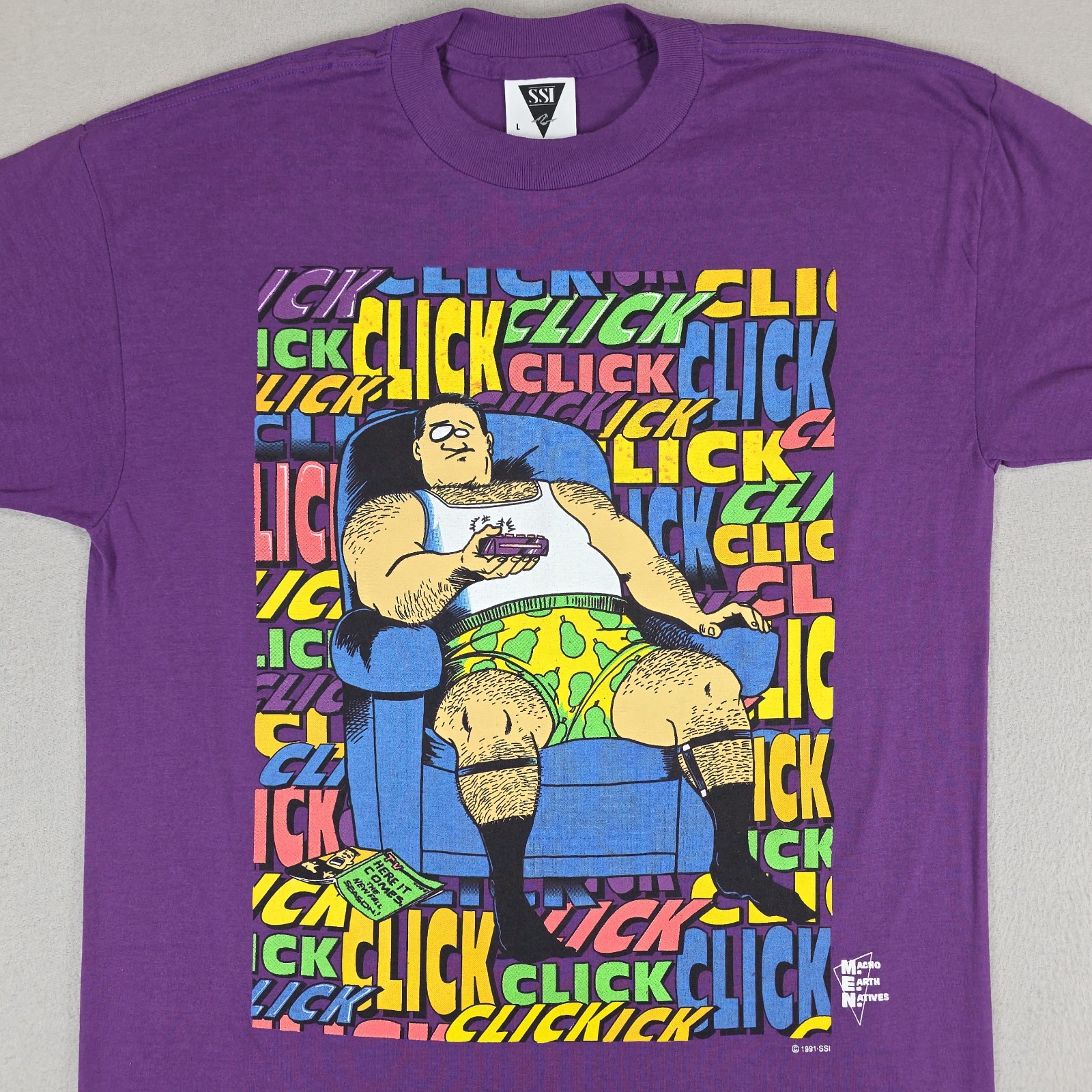 Vintage Cartoon Shirt Mens Large Purple Click Multicolor Spellout Couch TV Thin gallery