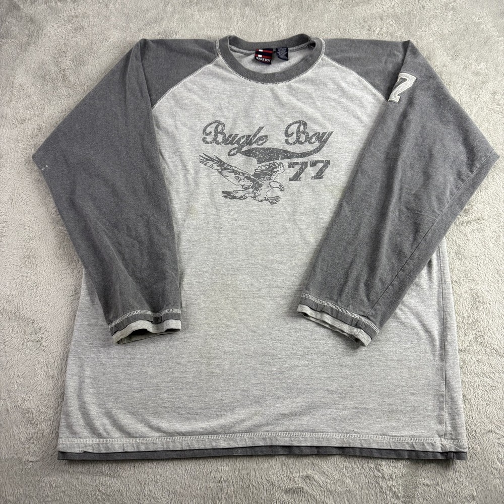 Bugle Boy Shirt Men Large Gray Eagle 77 Graphic Raglan Grunge Mallcore Skate Y2K