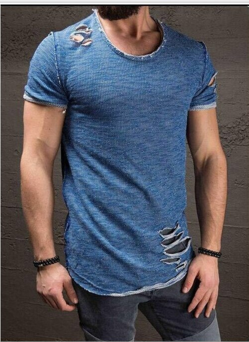 Men's Slim Fit O Neck Short Sleeve Muscle Tops Tee T-shirt Ripped Casual Blouse gallery