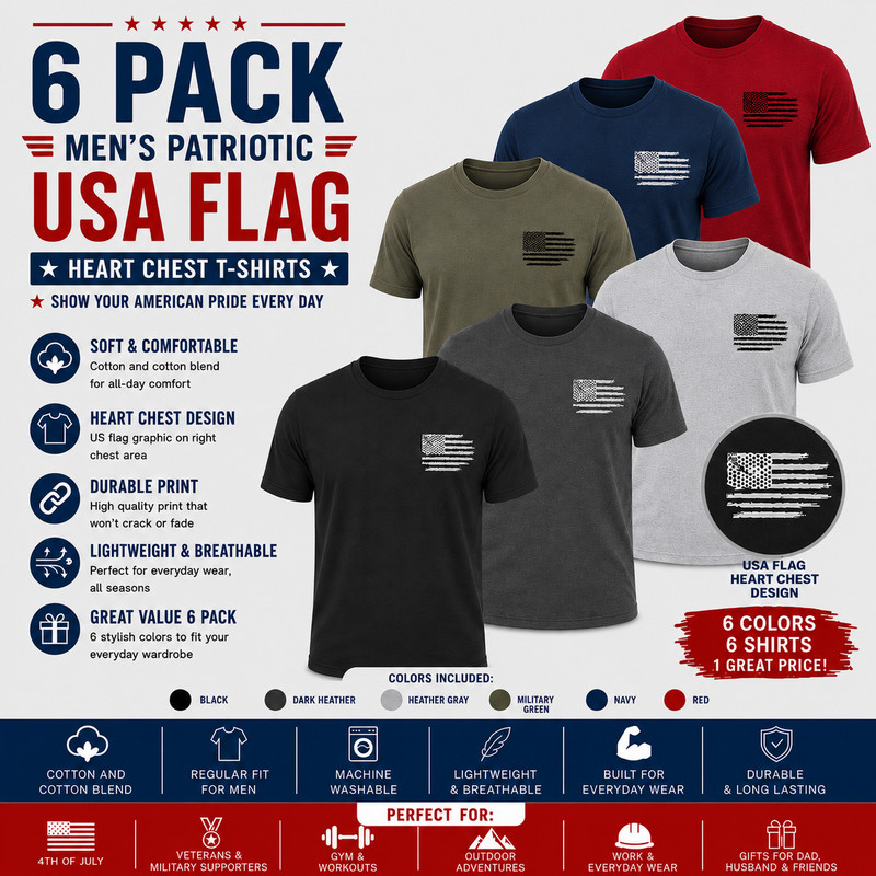 Men’s USA Flag Heart Side Chest T-Shirt 6 Pack Cotton & Cotton Blend Tee