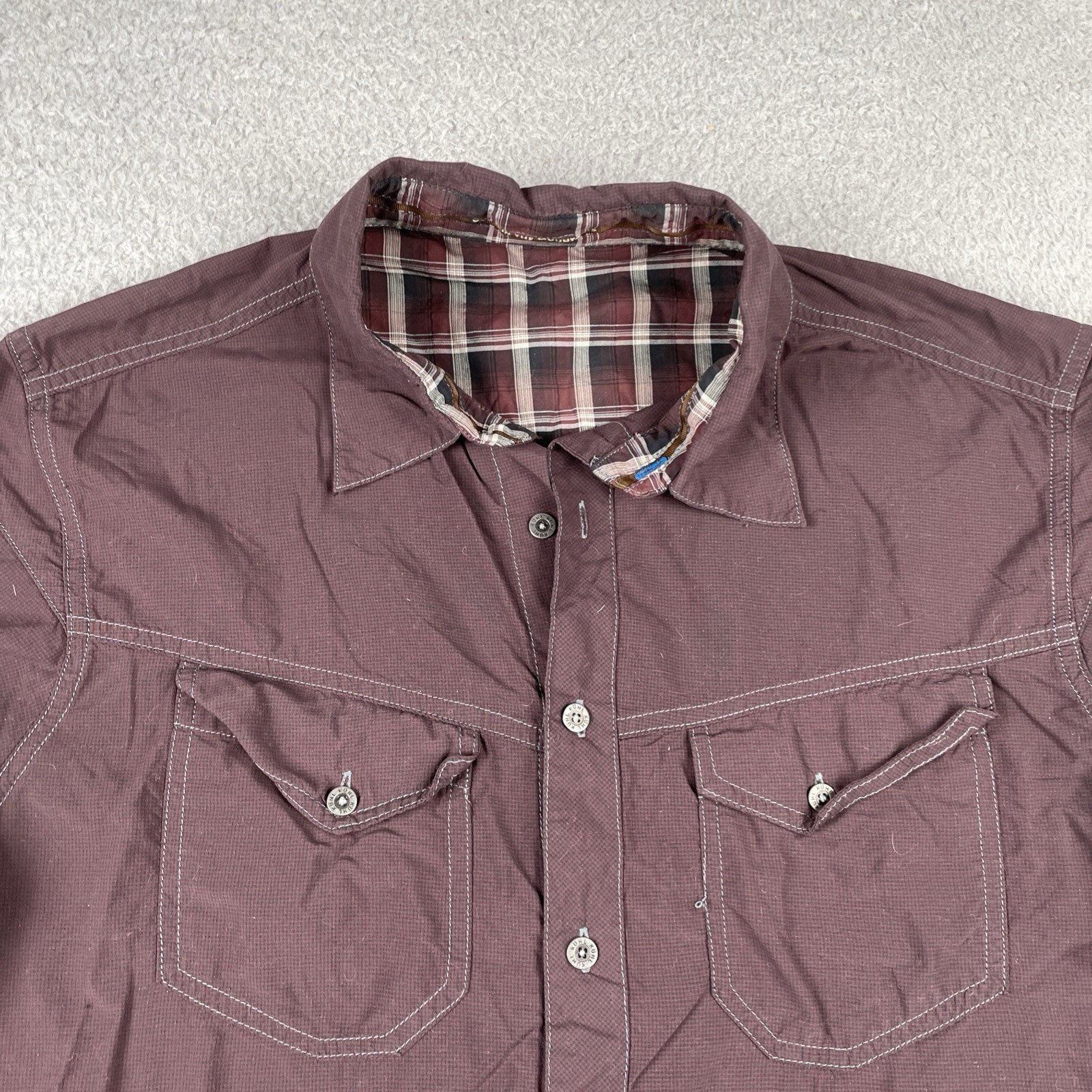 Kuhl Outdoors Button Up Pocket Adventure Shirt Micro Plaid Nylon Medium Maroon gallery