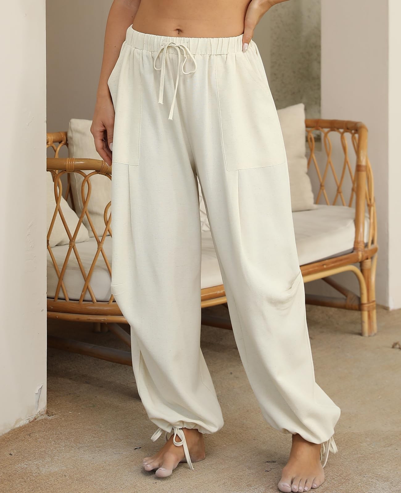 Womens Linen Summer Pants Casual Loose Palazzo Beige Linen Pants Flowy Wide L... gallery