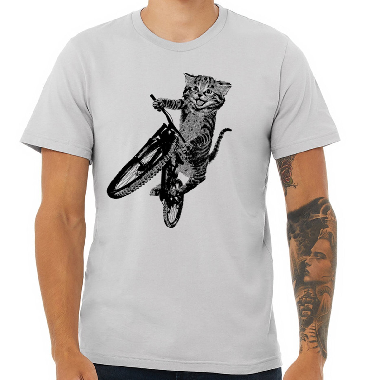 Cat Riding a Bicycle men's Tshirt- Kitten Wheelie Tee shirt- Eco Friendly gallery