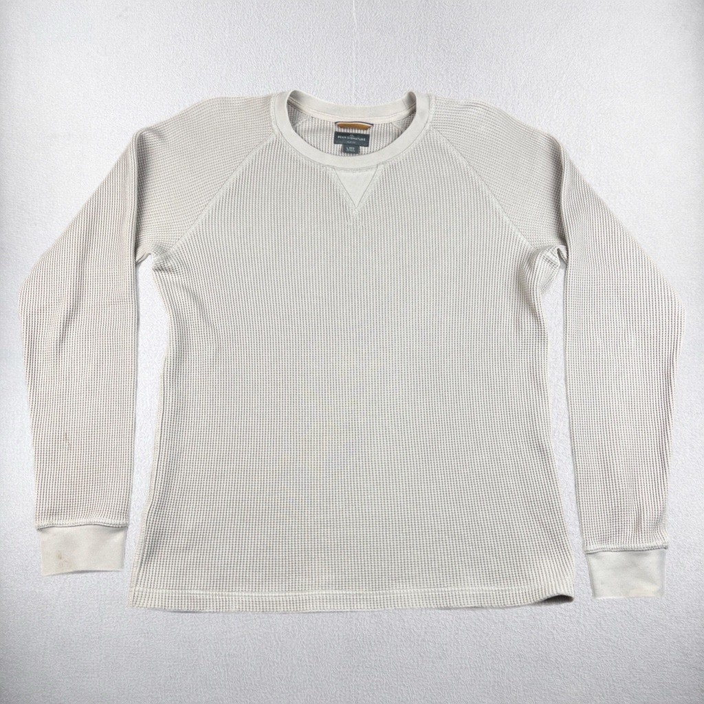 L.L. Bean Signature Waffle Knit Shirt Mens Large Beige Slim Fit Thermal Raglan