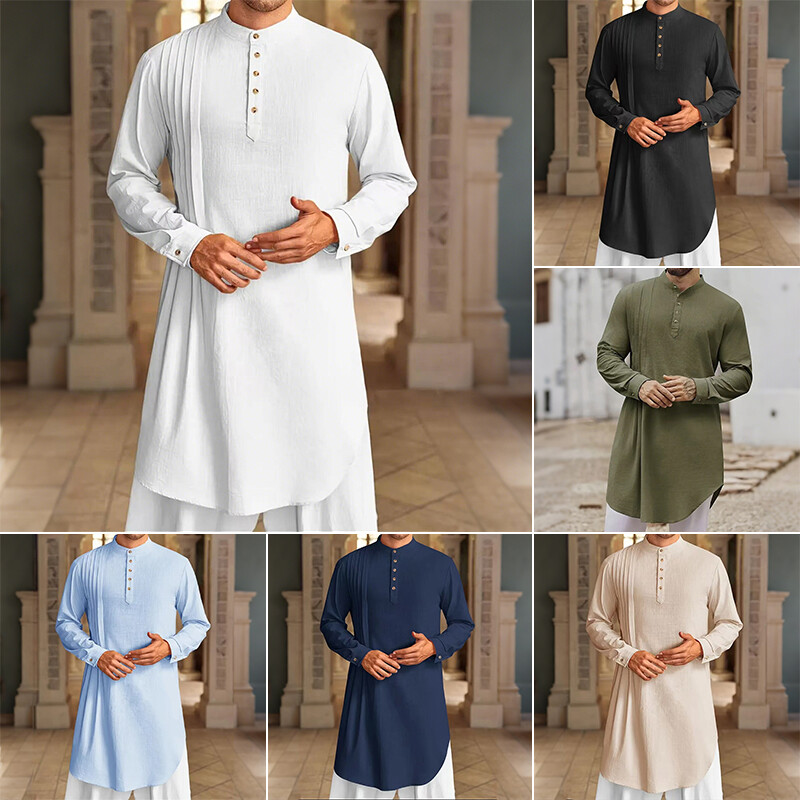 Muslim Men's Button Cotton Linen Shirt Muslim Robe HOT gallery
