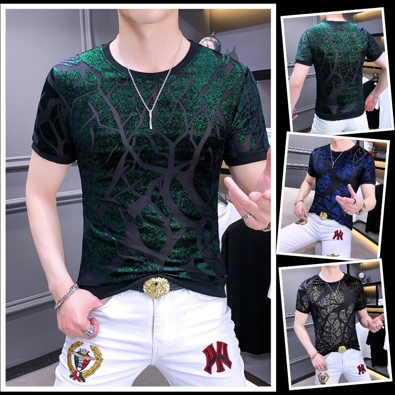 Men Fashion Bronzing Flocking Trend Slim Fit Velvet Summer Short Sleeve T-Shirt