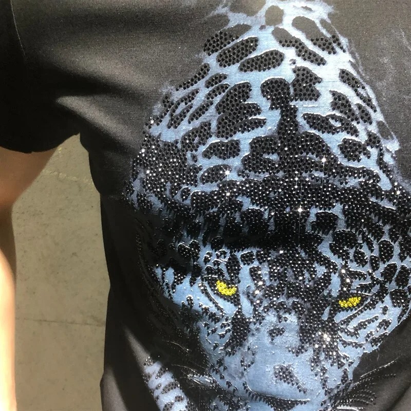 New Men Luxury Leopard Rhinestones Fashion Black White T-Shirt High Quality gallery