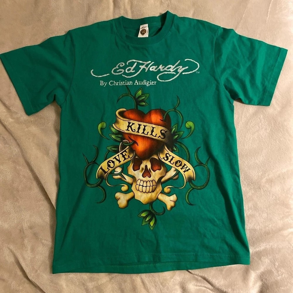 Remake Ed Hardy short sleeve forest green color Unisex T shirt Men Women S-5XL