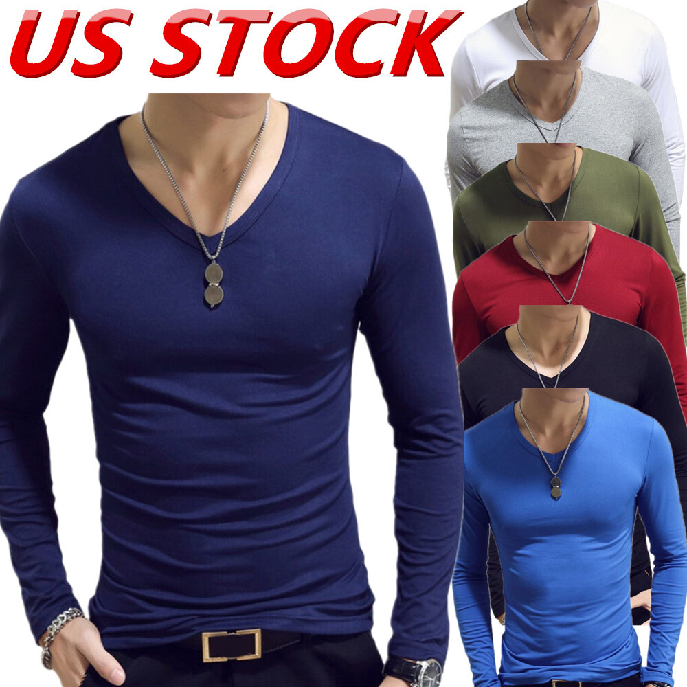 US Men V Neck Shirt Muscle Tops Slim Fit Long Sleeve Stretch T-Shirt Undershirts