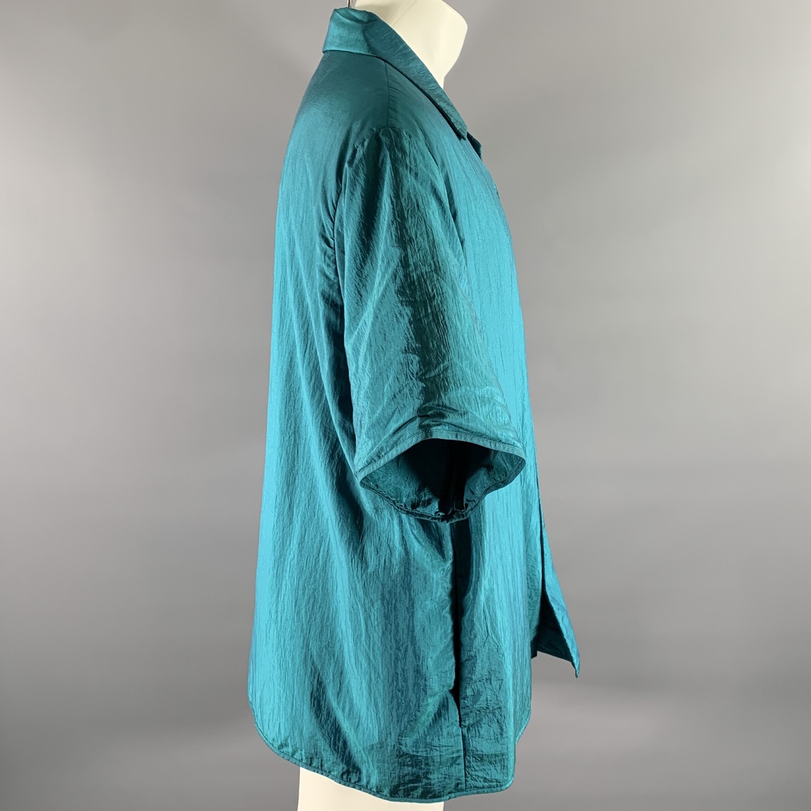 JIL SANDER Size XL Teal Polyamide Silk Camp Short Sleeve Shirt gallery