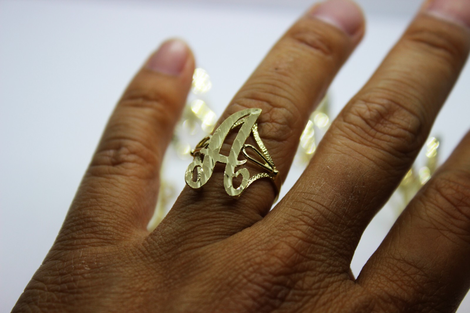 10k Solid Yellow Gold Cursive Initial Letter Ring Diamond Cut Medium Size 6 ~ 11
