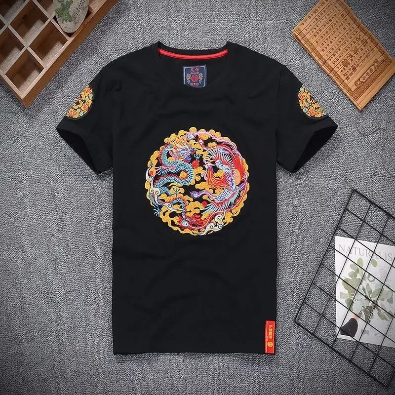 Men Dragon Phoenix Embroidered T-Shirt Chinese Style Short Sleeve Casual Top gallery
