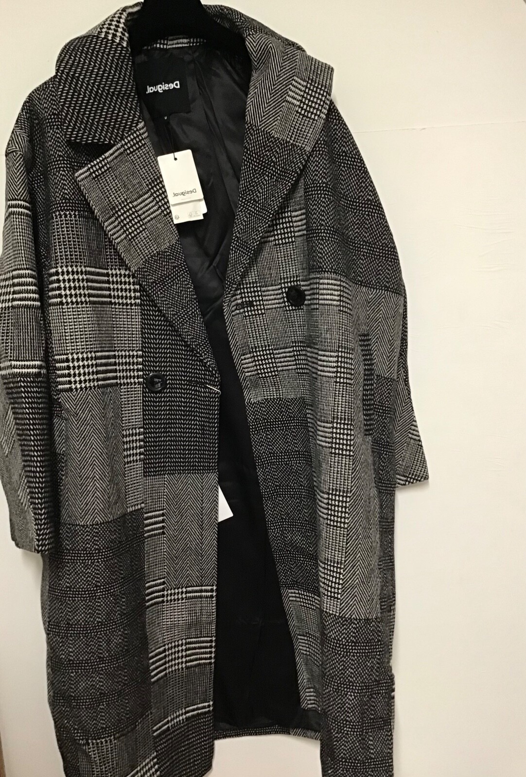 DESIGUAL Checkered Wool Overcoat Grey Size U 8 10 12 BNWT