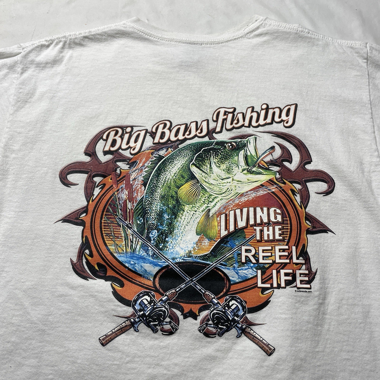Bass Fishing Art T-Shirt Mens Large Living The Reel Life Dad Lake Beach Fish Y2K gallery