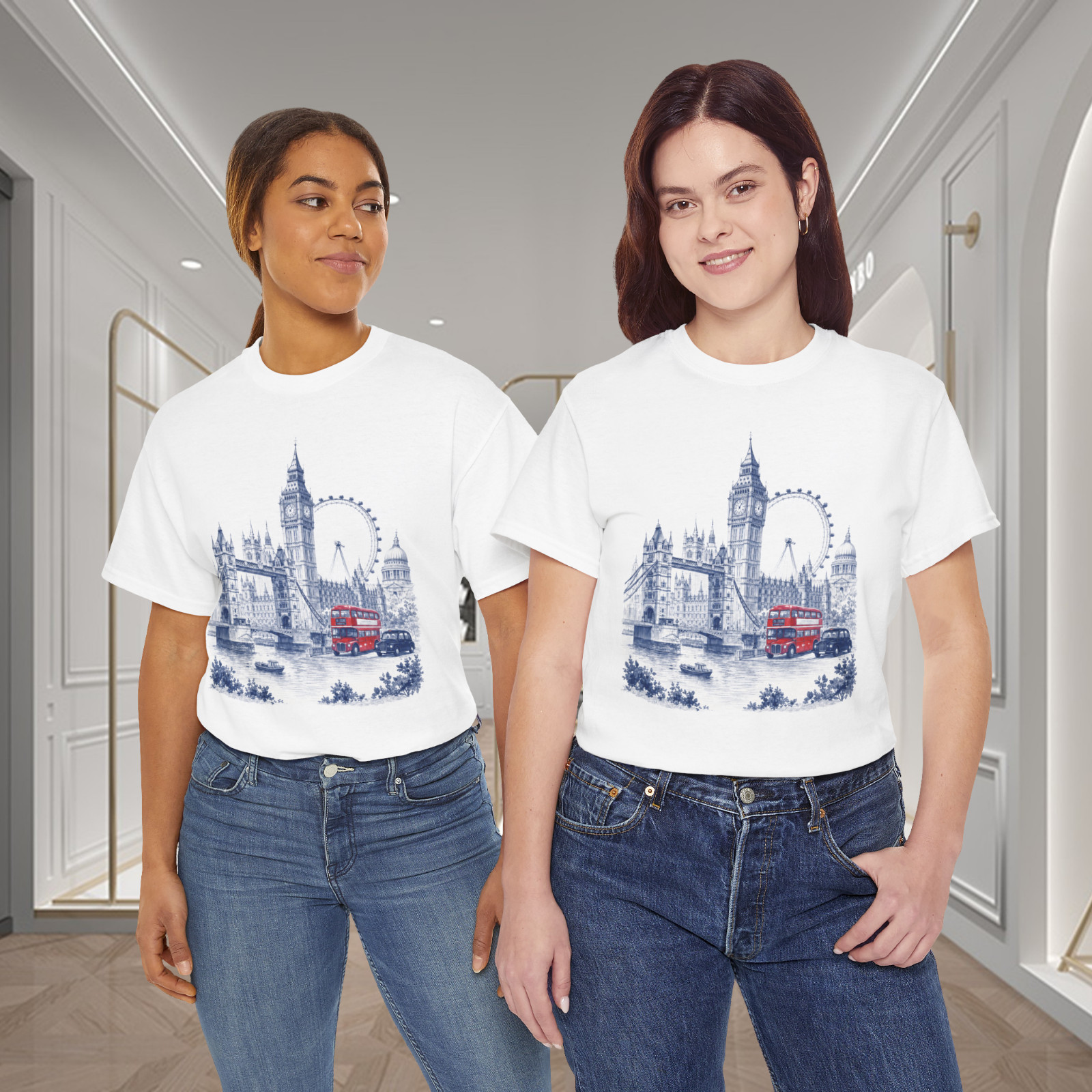 London Landmarks Big Ben Tower Bridge Red Bus Graphic T-Shirt gallery