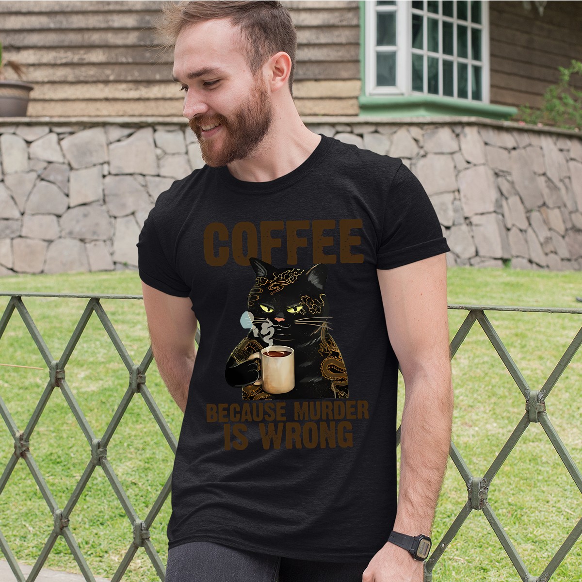 Coffee Because Murder Is Wrong Cat Tatto Gift Mens T-Shirts Tee Top gallery