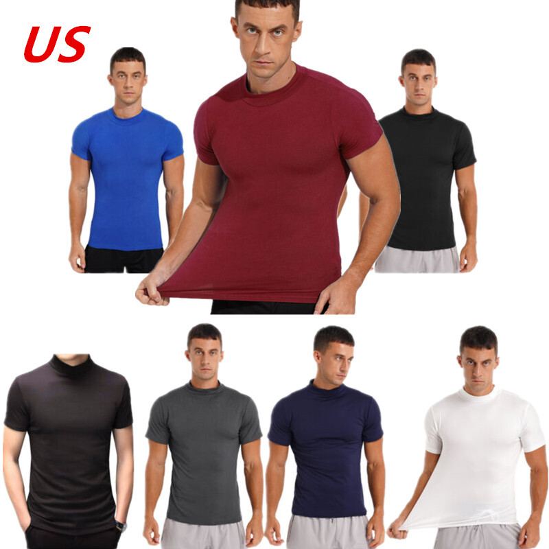 Men's Short Sleeve T-shirt Casual Fit Basic Tops Mock Neck Pullover Undershirt gallery