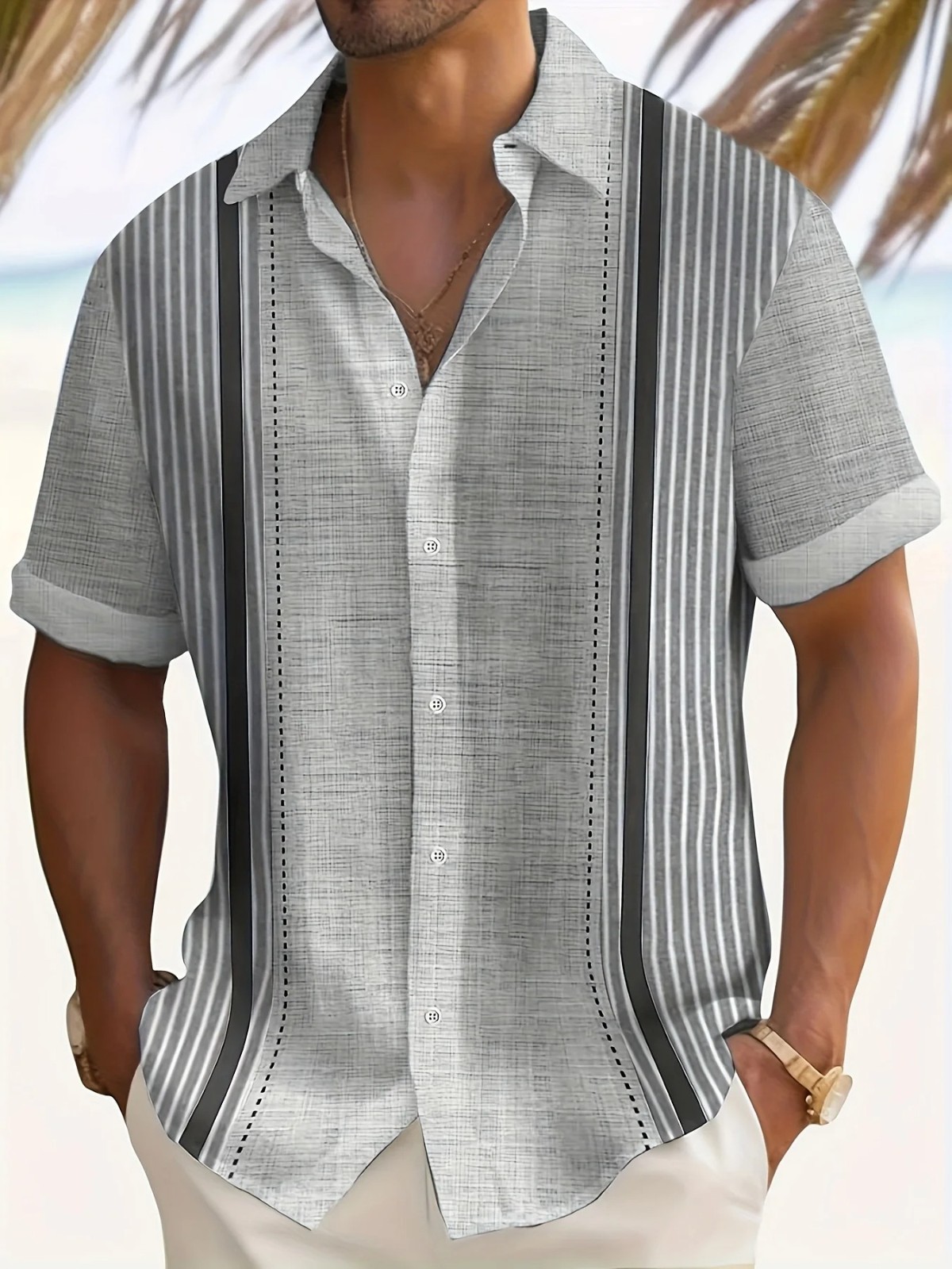 Men's Casual Short Sleeve Guayabera Cuban Beach Wedding Button-Up Dress Shirt gallery