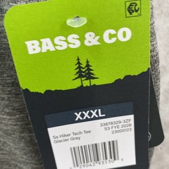 Bass & Co Men’s Hiker Tech Tee Gray 2X or 3X Moisture Wick UPF 50+ Short Sleeve