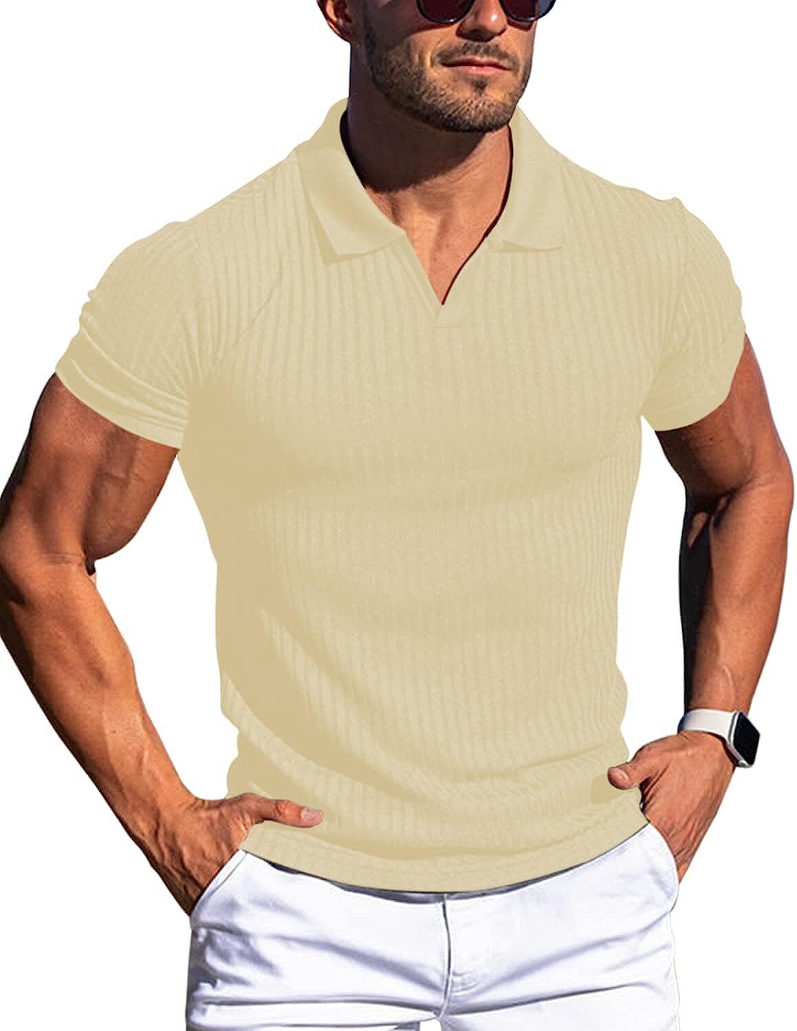 Men's V Neck Polo Shirts Slim Fit Short Sleeve T-Shirts Ribbed Knit Soft Tees gallery
