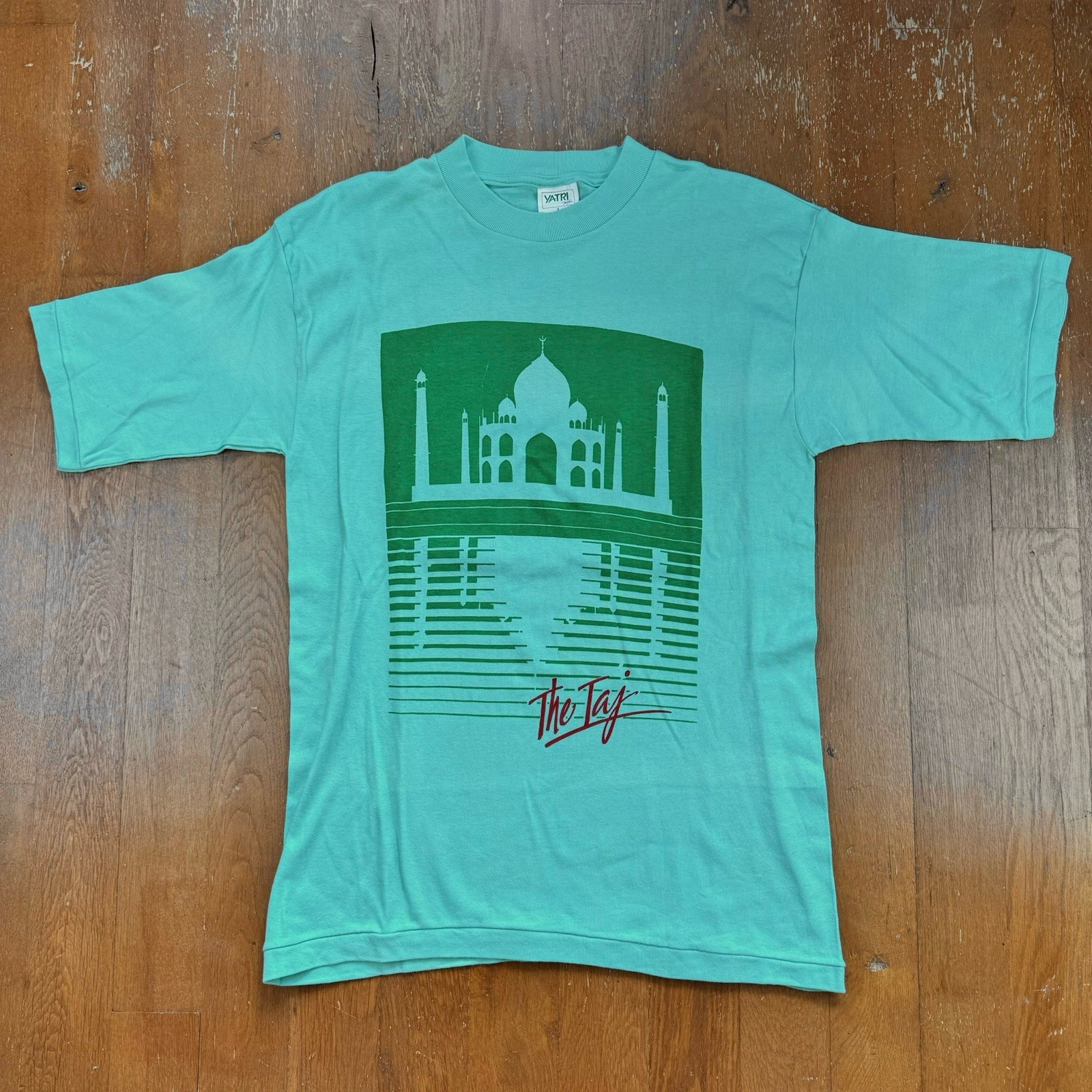 Vintage Yatri India Tag Mahal Cyan Single Stitch Tourist T Shirt Size Large 90s gallery