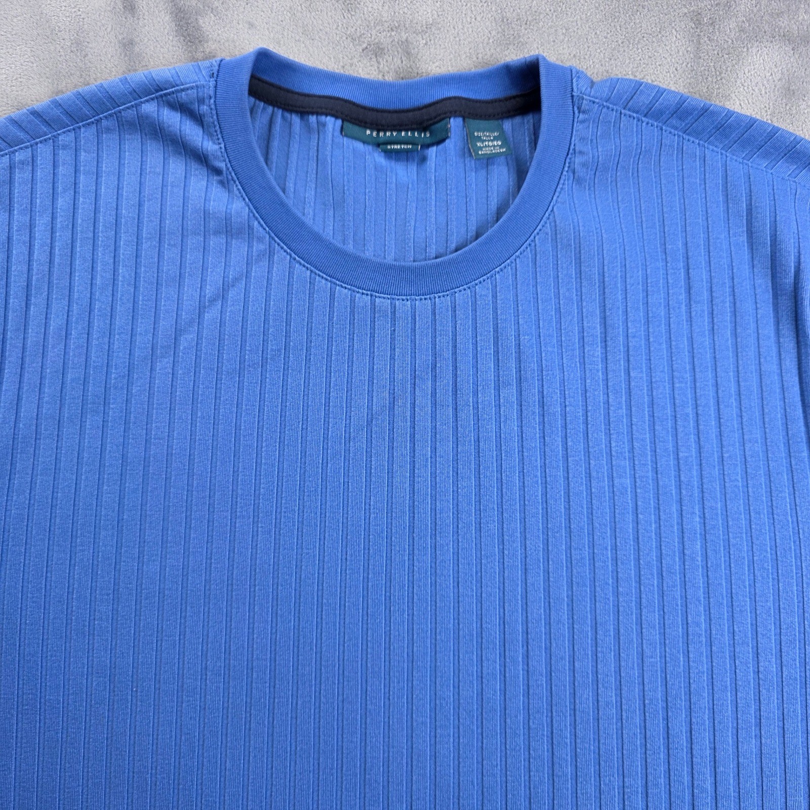 Perry Ellis T-Shirt Mens XL Blue Ribbed Stretch Short Sleeve Crew Neck Top gallery