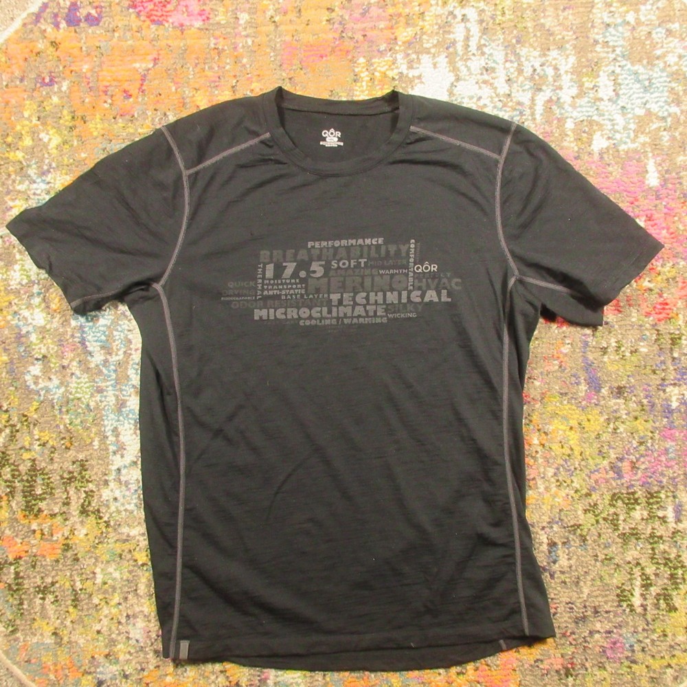 QOR Black Merino Wool Nylon Blend Crew-Neck T-Shirt Men’s M Short Sleeve Holes*