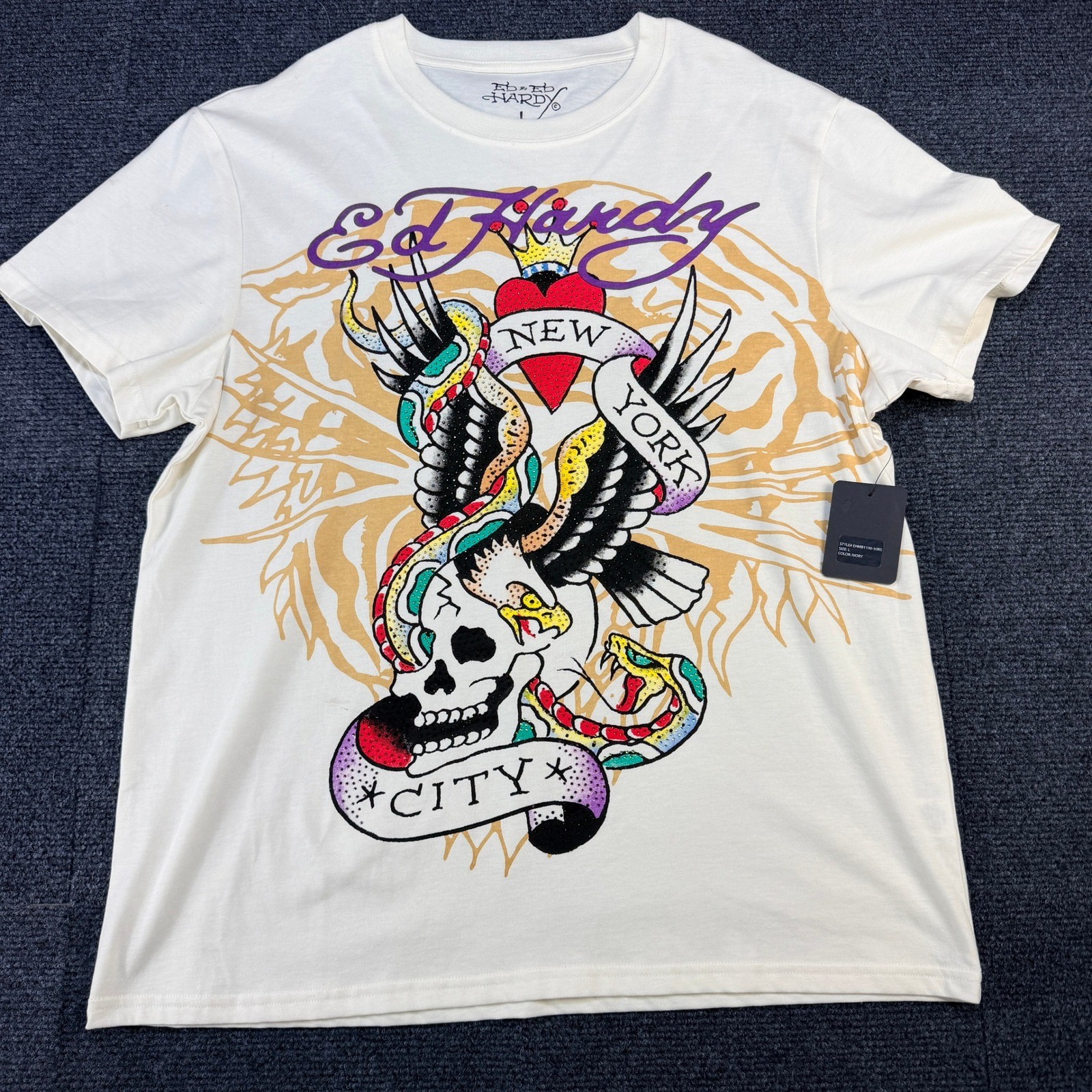 Ed Hardy Mens Ivory NYC Skull Snake Eagle Graphic T-Shirt Large EHMB1100-50RS gallery