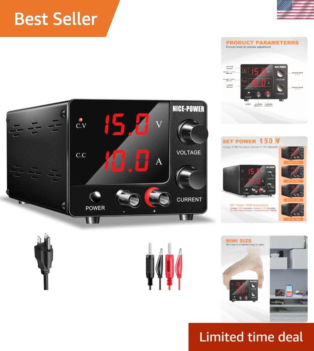Compact 150W Adjustable DC Power Supply – 0-30V & 0-10A with Encoder Control