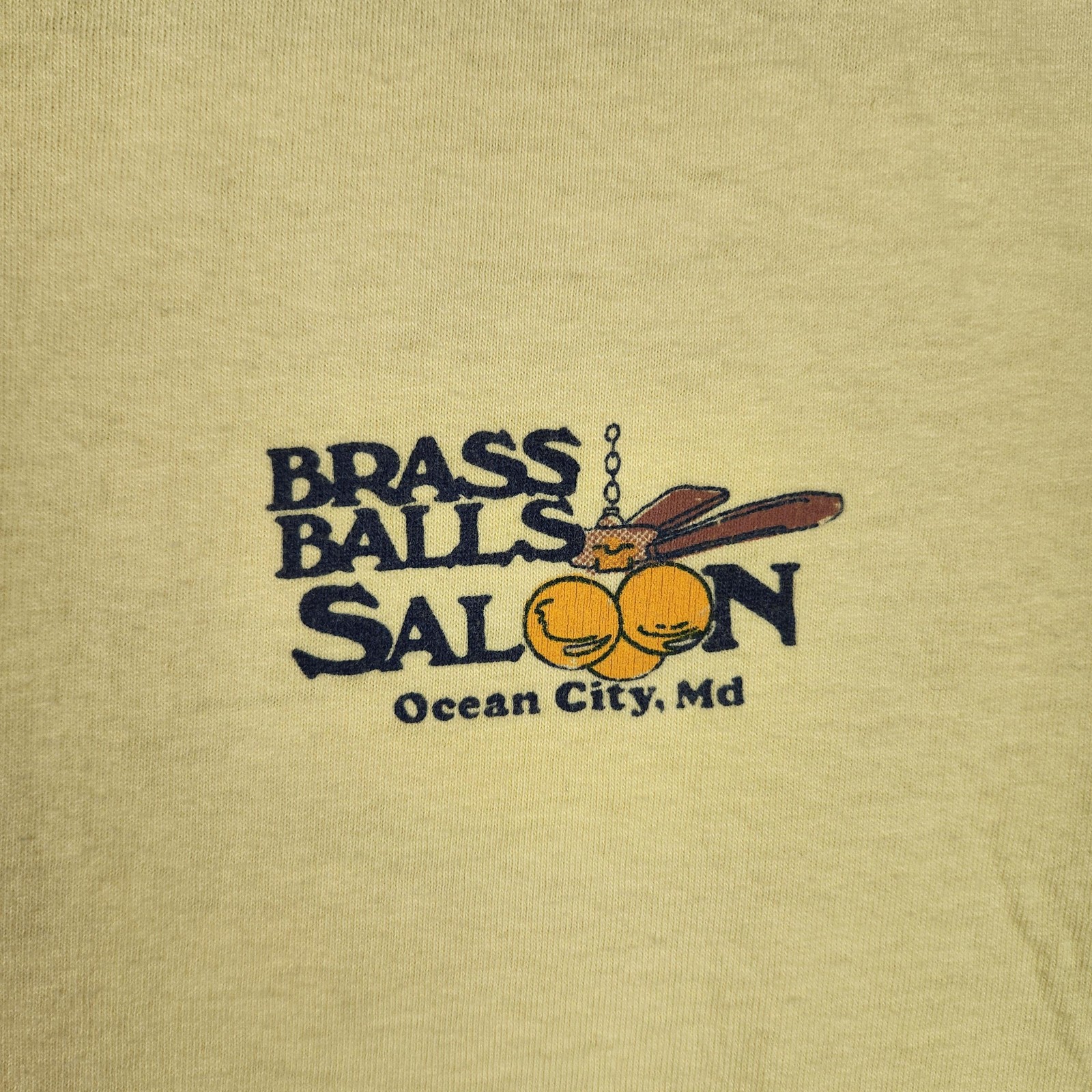Vintage Brass Balls Saloon Shirt Mens Large Yellow Royal Ocean City 80s Graphic gallery