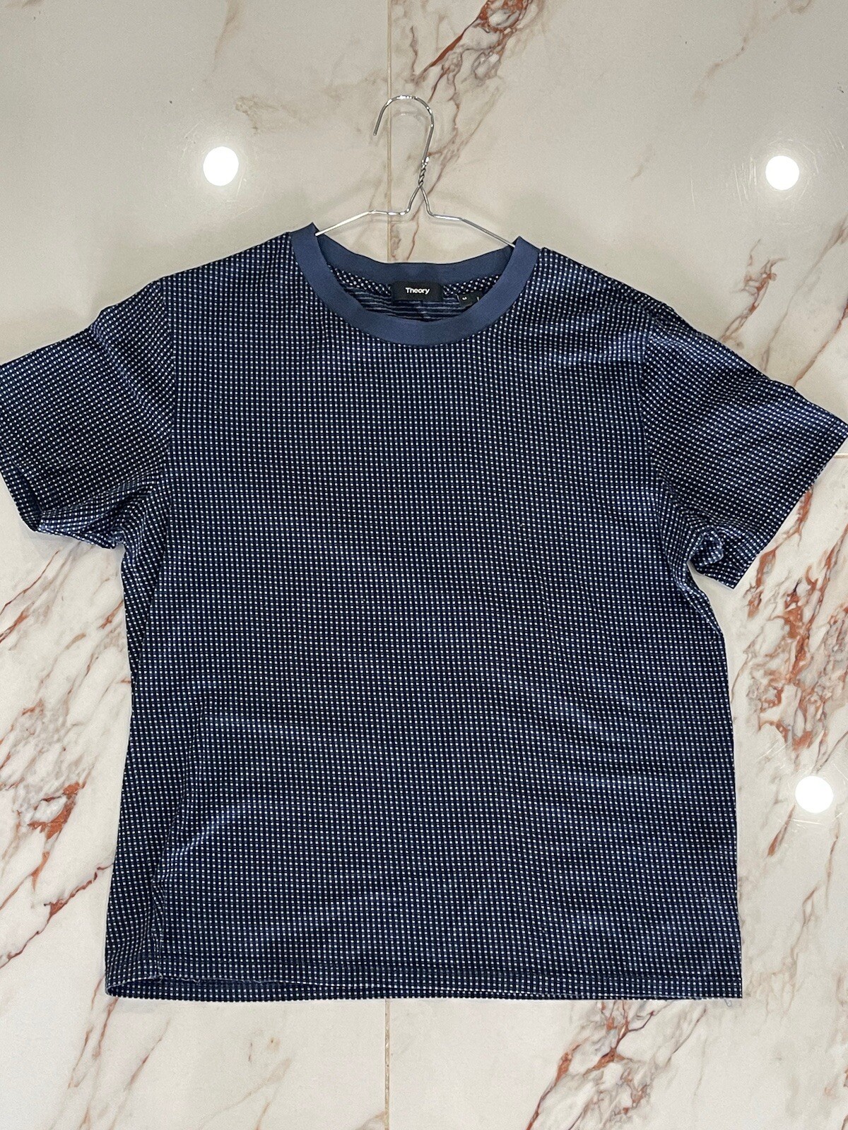 Theory Shirt Men's Medium Textured Blue Microcheck Cotton Short Sleeve Slim Fit gallery