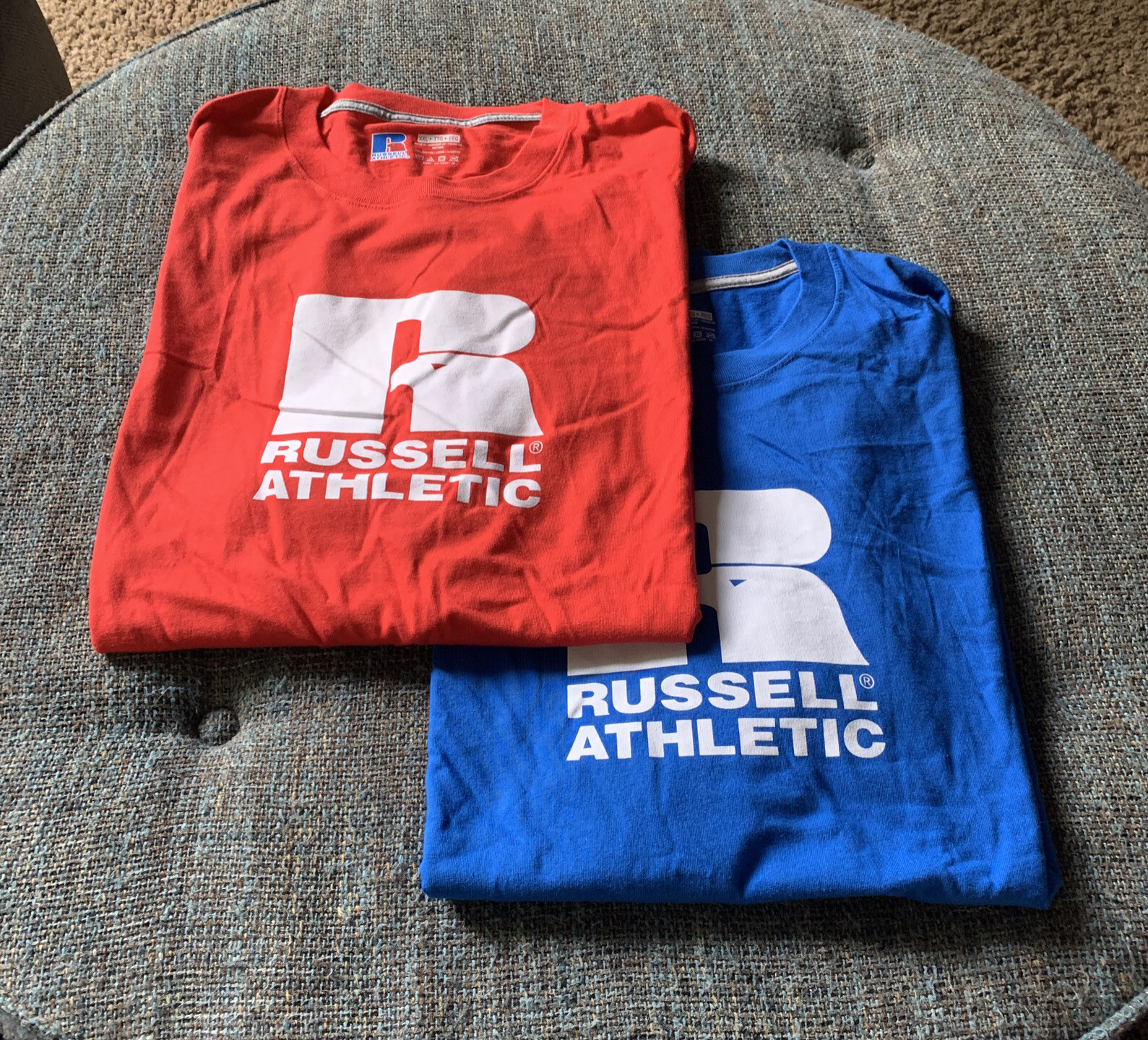 NWOT 2 Russell Athletic T Shirts Men’s Size XXL 2XL Blue & Red Classic Logo A6