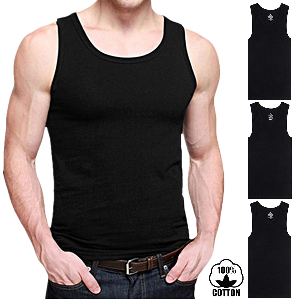 3 Packs Mens 100% Cotton Tank Top A-Shirt Wife Beater Undershirt Ribbed Black gallery