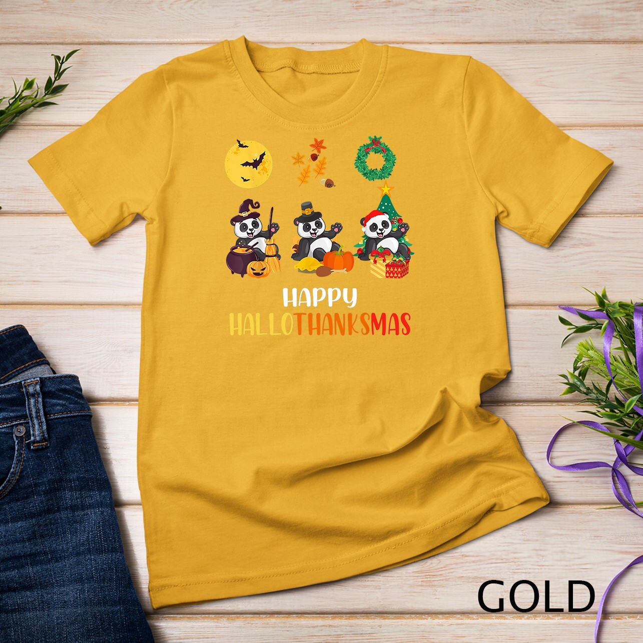 Panda Halloween And Merry Christmas Happy Hallothanksmas T-Shirt Unisex T-shirt gallery