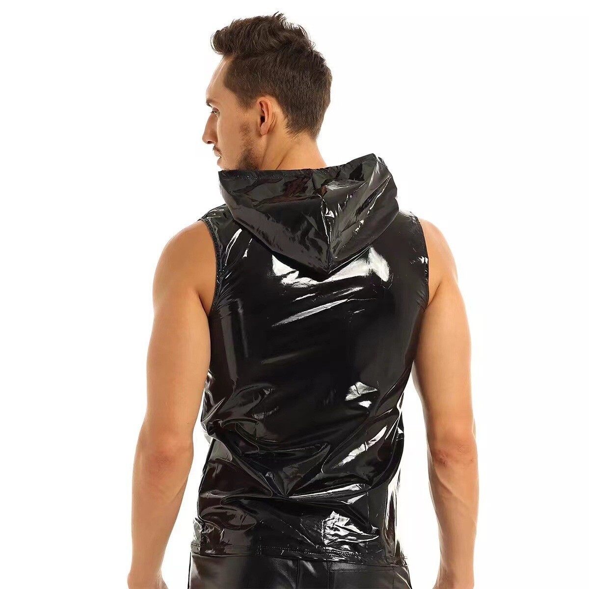 Men's Shiny Clubwear PVC Leather Wet Look Zipper Tank Tops Hooded T-Shirts Vest gallery