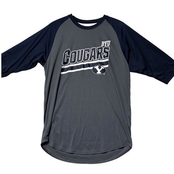 BYU Cougars Raglan T Shirt Mens M Gray Navy Blue NCAA Performance Baseball Tee