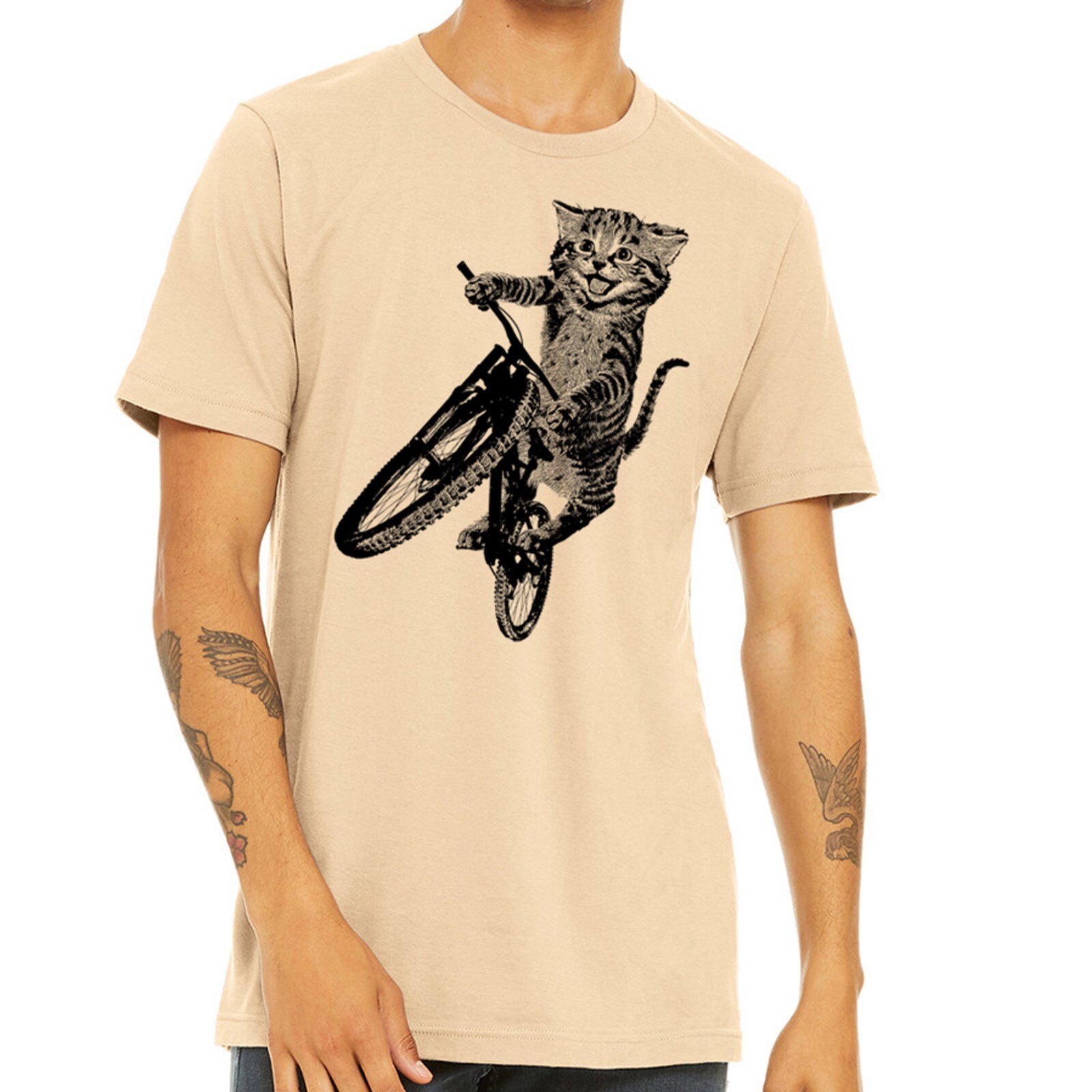 Cat Riding a Bicycle men's Tshirt- Kitten Wheelie Tee shirt- Eco Friendly gallery